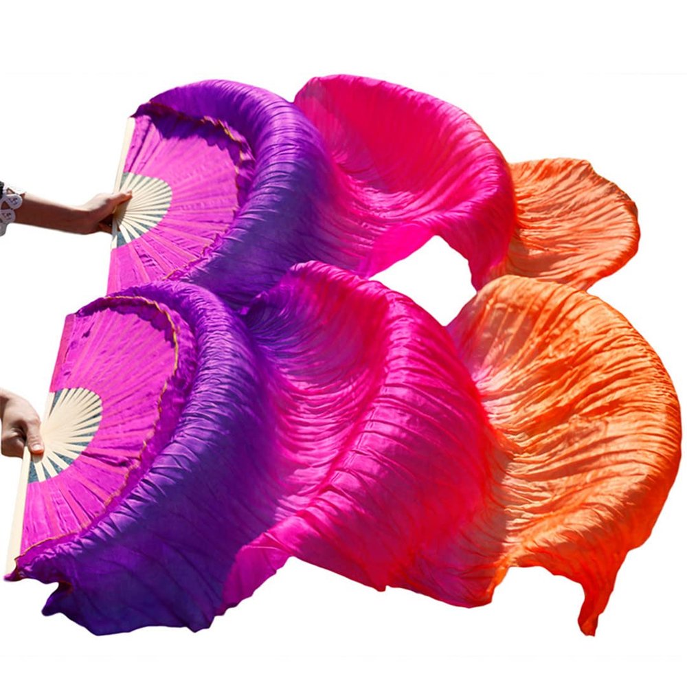 Wjnvfioo Silk Belly Dance Fans 1 Pair / 1 Pc Handmade Dyed Silk Belly Dance Long Fan Chinese Dance Fans Veil