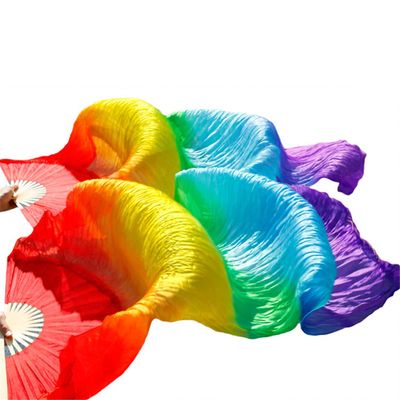 Women Silk Belly Dance Fan Veils of Belly Dance Fans Rainbow Color (2Pcs)
