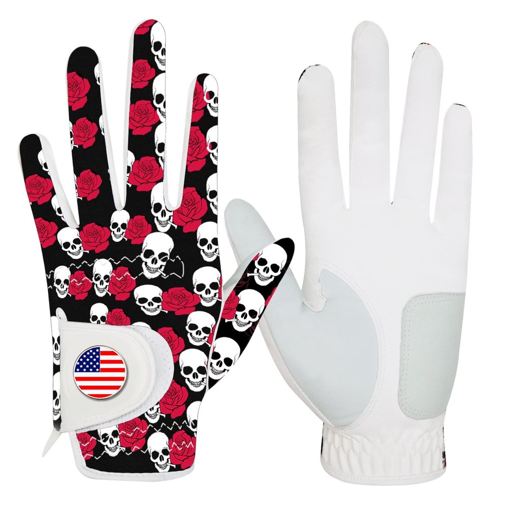 FINGER TEN Golf Gloves Men 1 Pack with Ball Marker for Left Hand Right, Stylish Patterns & Breathable Design for Comfortable All-Weather Grip, Golf Glove Sizes S M ML L XL (Rose, Medium, Left)