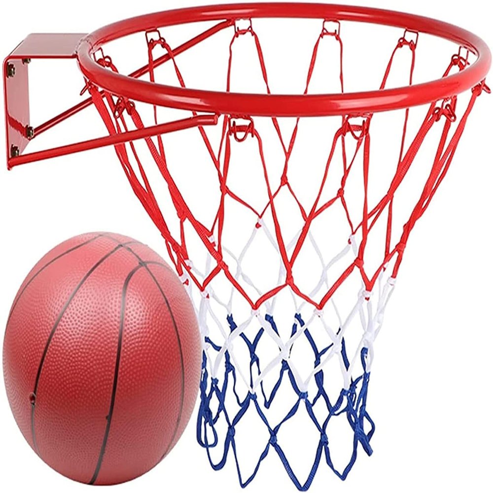 Katzowen Children Red Basketball Hoop Wall-Mounted Iron Basketball Rim with Net System Fits Indoor Outdoor Sport Basketball for Kids
