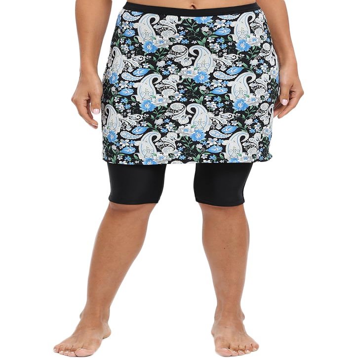 Micosuza Womens Skirted Swim Capris Sun Protective UPF 50+ Swimming Tight with Attached Skirt Sport Leggings Black-Flower