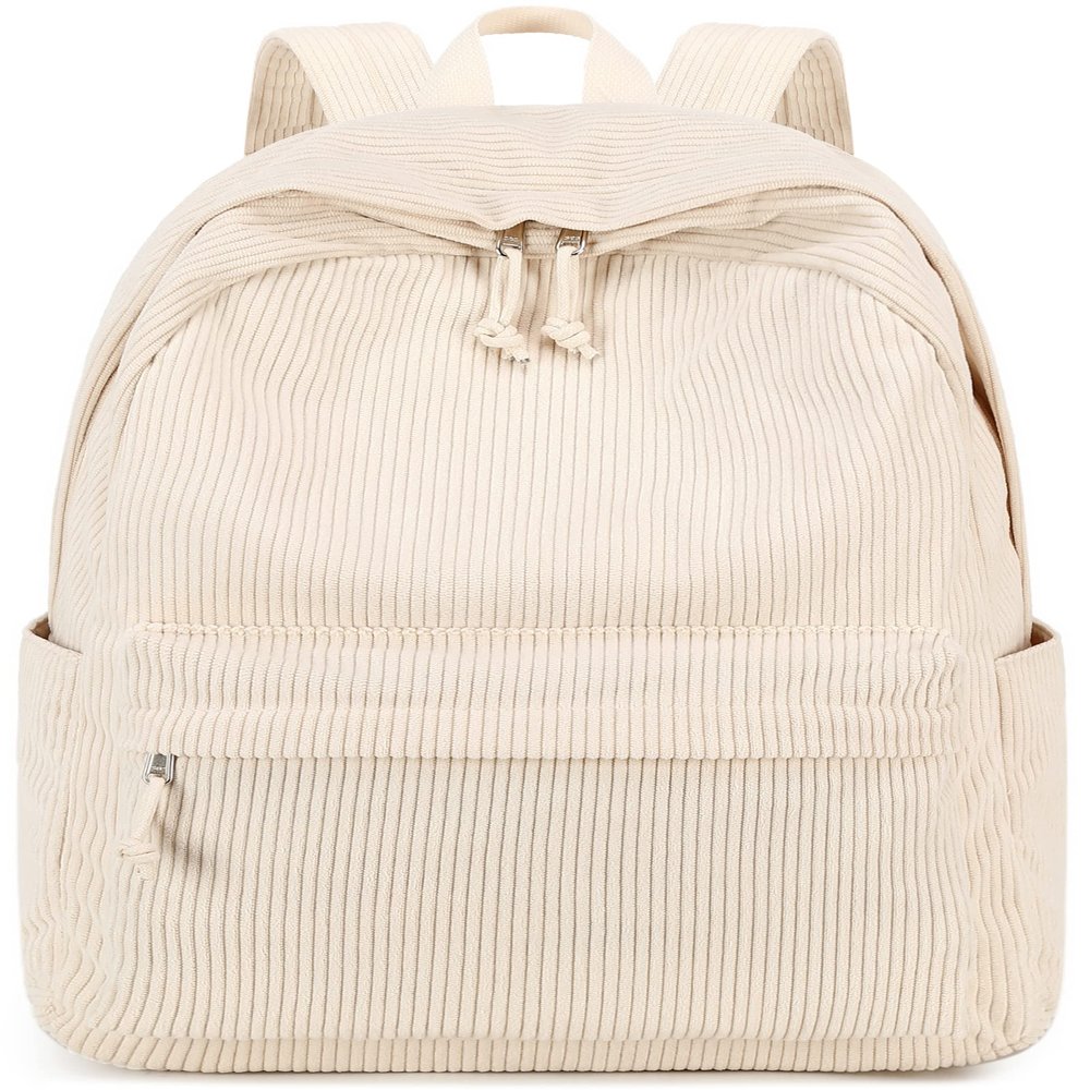 School Backpack for Teen Girls Bookbags Elementary High School Corduroy Laptop Bags Women Travel Daypacks (Beige)