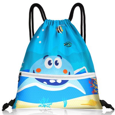 Slohif Drawstring Backpack Beach Swim Bag for Kids Draw String Dance Travel Cinch Ballet Gym Bags for Girls Boys Big Shark Waterproof Backpack for Swimming Summer Camp Pool Sports Nylon Large