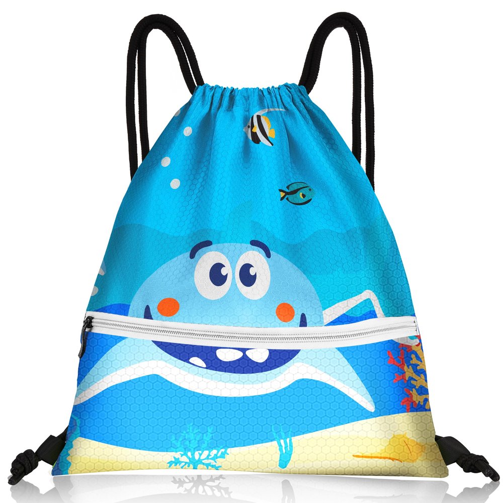 Slohif Drawstring Backpack Beach Swim Bag for Kids Draw String Dance Travel Cinch Ballet Gym Bags for Girls Boys Big Shark Waterproof Backpack for Swimming Summer Camp Pool Sports Nylon Large