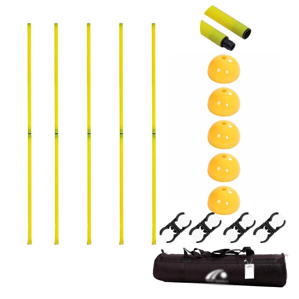 SRNSAEB 5 Pack Coaching Sticks Set with Sand Injection Base, 1.5m/5ft Height Splicing Agility Poles for Soccer Basketball Training and Dog Obstacle Course