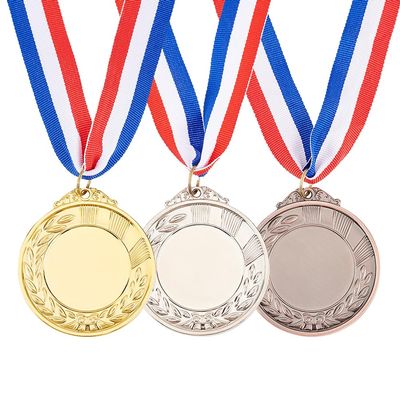FINGERINSPIRE 3 Pcs Zinc Alloy Blank Medal 1.57inch Inner Diameter Flat Round Golden Platinum and Red Copper Award Medals with Neck Ribbon Sports Winner Wheat Medal Lanyard Medal for Trophy Award Gift