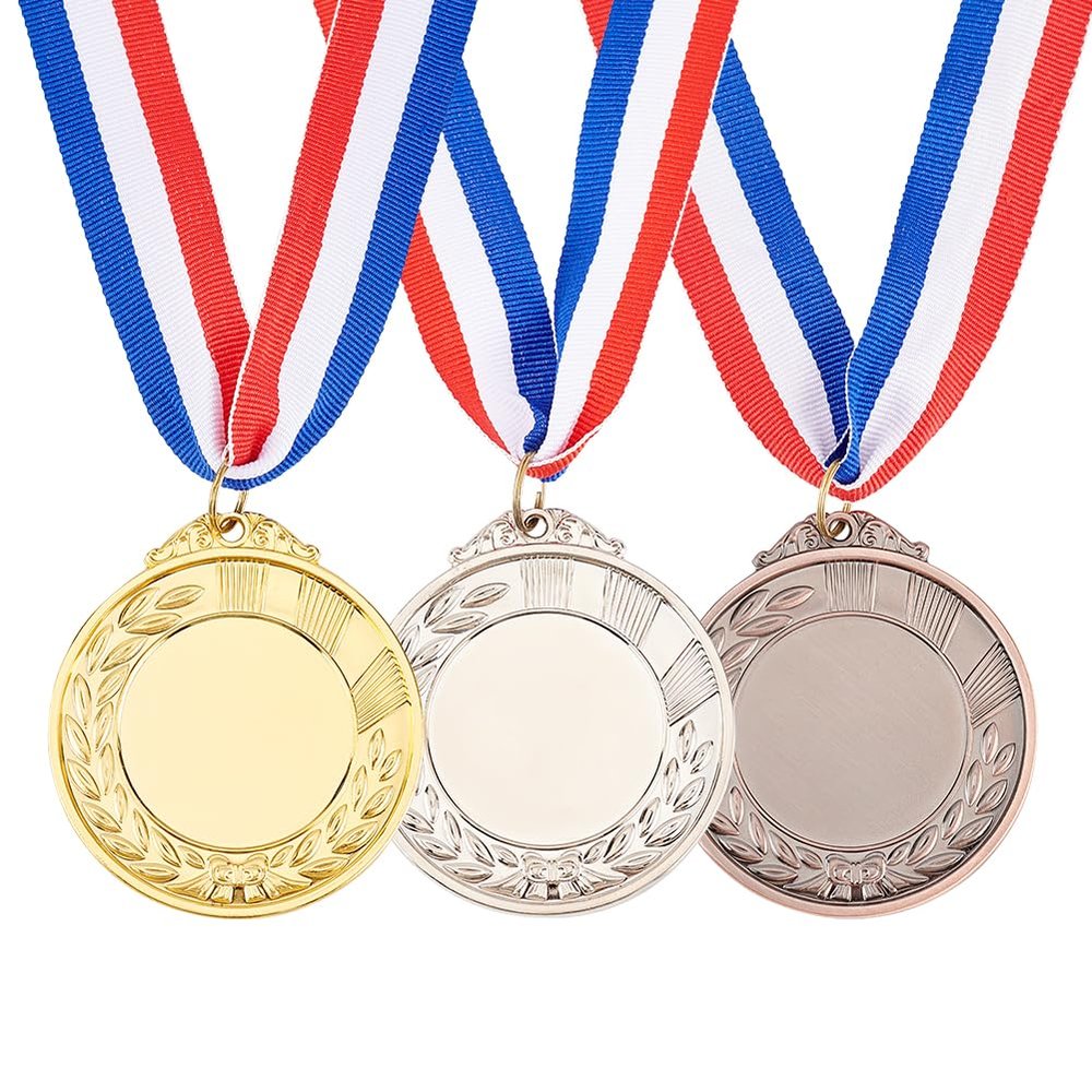 FINGERINSPIRE 3 Pcs Zinc Alloy Blank Medal 1.57inch Inner Diameter Flat Round Golden Platinum and Red Copper Award Medals with Neck Ribbon Sports Winner Wheat Medal Lanyard Medal for Trophy Award Gift