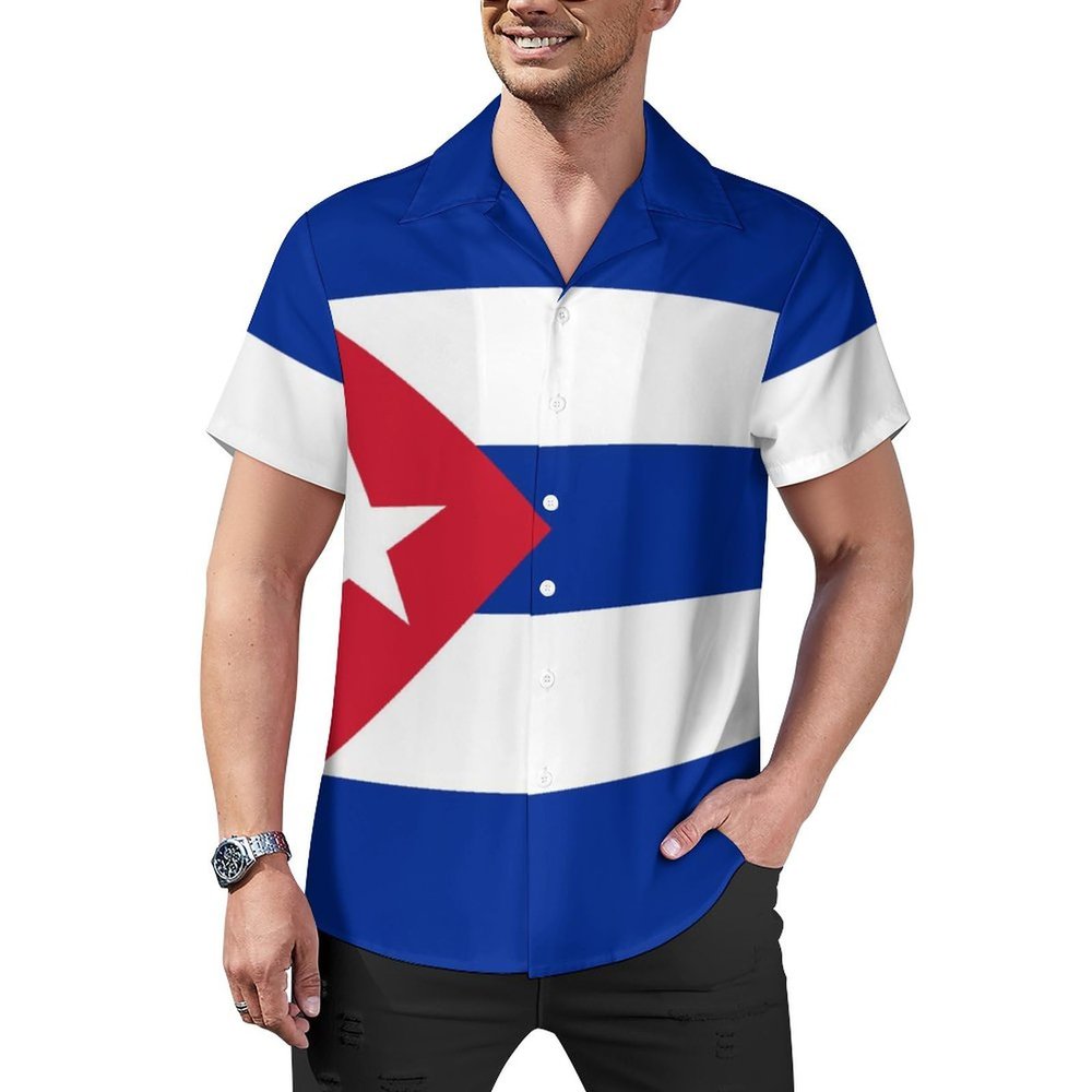 Flag of Cuba Men's Short Sleeve Button Down Cuban Guayabera Shirts Summer Tops 2XL