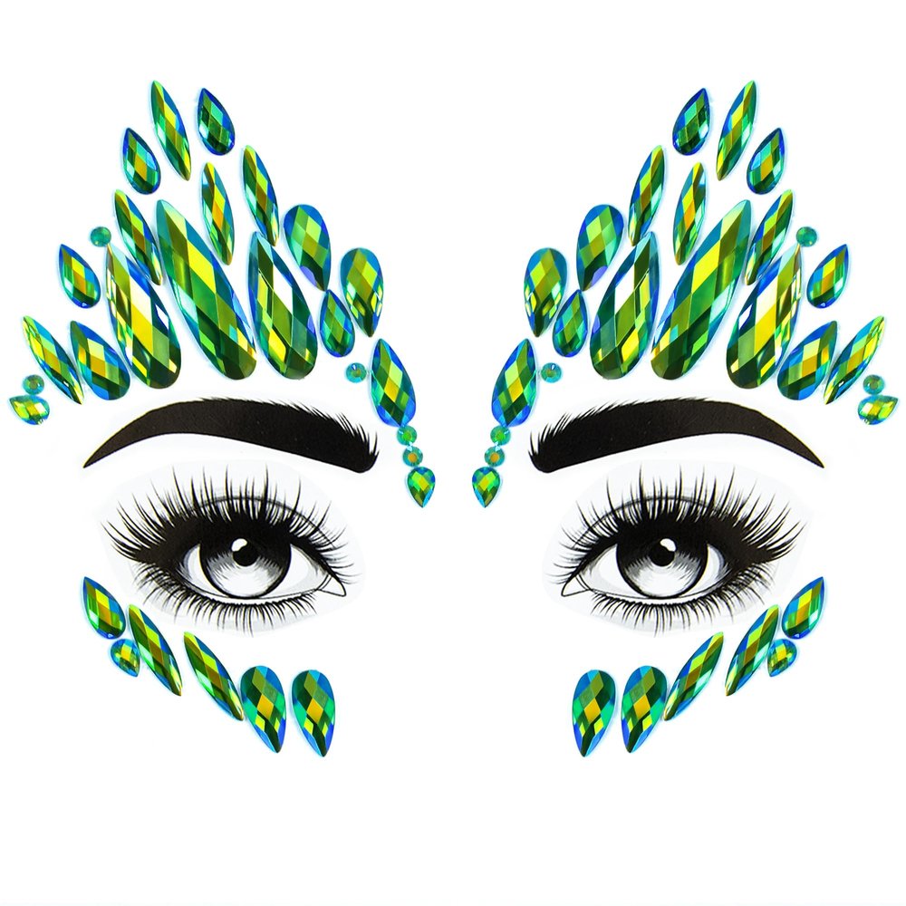 U-Goforst Face Gems Stick On - Green Face Jewels Stick On Halloween Ivy Costume, Self Adhesive Glue Face Rhinestone Stickers Festival Makeup Cosplay Dress Up Face Jewelry Accessories Women Grils