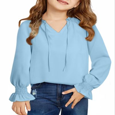 DOKOTOO KIDS Girls Dress Shirts Cute V Neck Ruffled Long Sleeve Chiffon Blouses Tops Sky Blue 8-9 Years