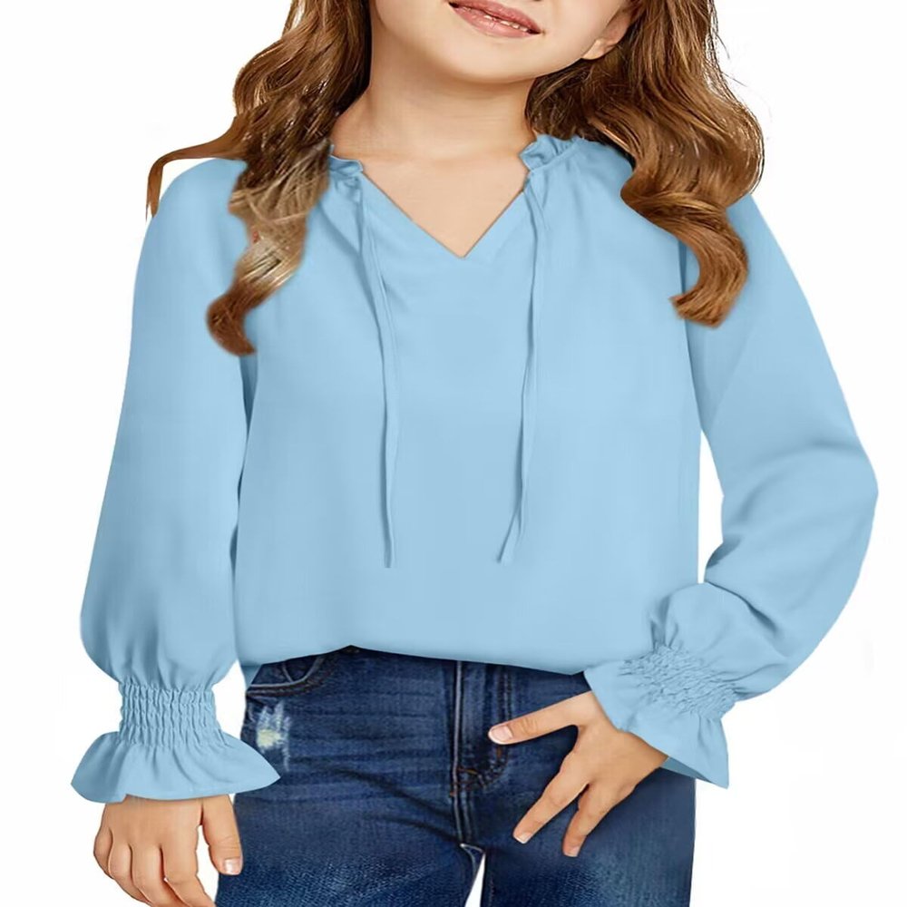 DOKOTOO KIDS Girls Dress Shirts Cute V Neck Ruffled Long Sleeve Chiffon Blouses Tops Sky Blue 8-9 Years