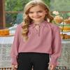 DOKOTOO KIDS Girls Cute Smocked Cuffs Chiffon Tops Fall Casual V Neck Blouse Shirts Pink 14-15 Years view 3