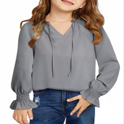 DOKOTOO KIDS Girls Chiffon Tops Casual Puff Long Sleeve Drawstring V Neck Blouse Shirts Gray 10-11 Years