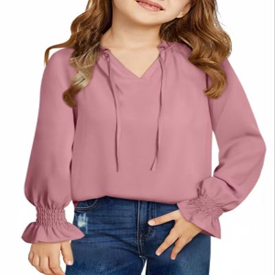 DOKOTOO KIDS Girls Chiffon Tops Casual Puff Long Sleeve Drawstring V Neck Blouse Shirts Pink 10-11 Years