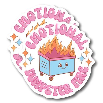 (2 Pack) Emotional Dumspter Fire Stickers - Funny Gen Z - 5" On Longest Side - for Car, Truck, SUV - Easy Peel and Stick Vinyl Decals - Made in USA - BMCS0100