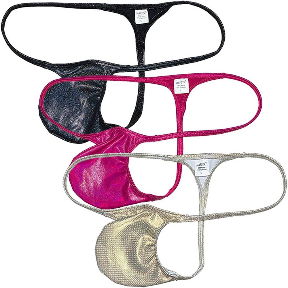 Jaxu Sexy Men's Metallic Bikini Thong Underwear Male Bulge Pouch Tangas Hombre Shiny G-string Minimum Coverage T-back 3-Pack(dazzle black,dark pink,dazzle white) M