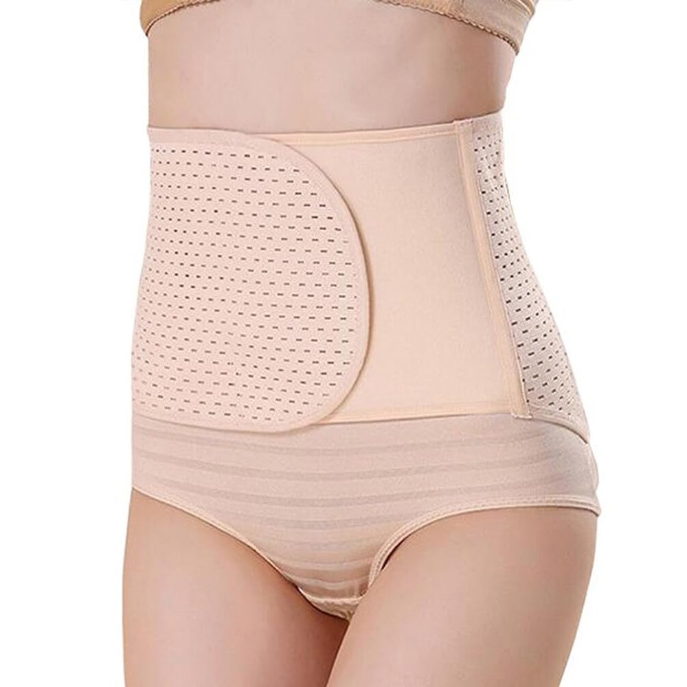 Adjustable Elastic Abdominal Binder Belly Wrap Postpartum Belly Band Waist Slim Slimming Shaper C section Recovery Belt Support Back Support Girdle Belt Pregnancy Abdominal Band for Women (L-Beige)
