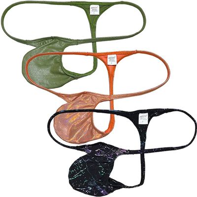 Jaxu Sexy Men's Metallic Bikini Thong Underwear Male Bulge Pouch Tangas Hombre Shiny G-string Minimum Coverage T-back 3-Pack(army geen,light orange,scrawl black) XL