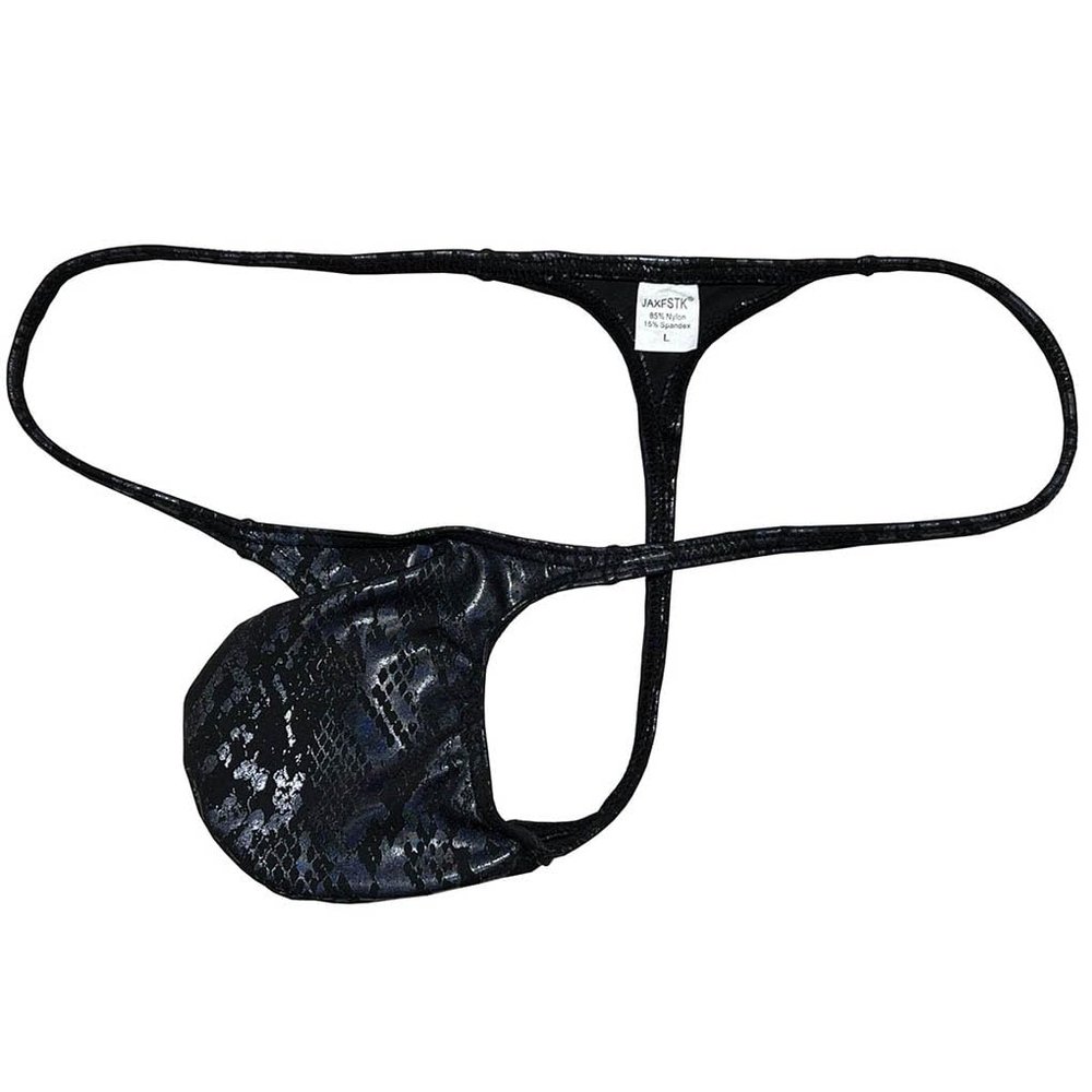 Jaxu Sexy Men's Metallic Bikini Thong Underwear Male Bulge Pouch Tangas Hombre Shiny G-string Minimum Coverage T-back Python Black M