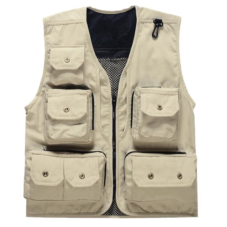 CJQJPNZ Classic Male Sleeveless Waistcoat with Multi-Pockets, Ideal for Fishing and Photography Beige XS