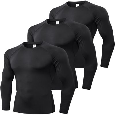Black Compression Shirt Men Long Sleeve Rash Guard Athletic Undershirt Gear T Shirt for Running Football Basketball