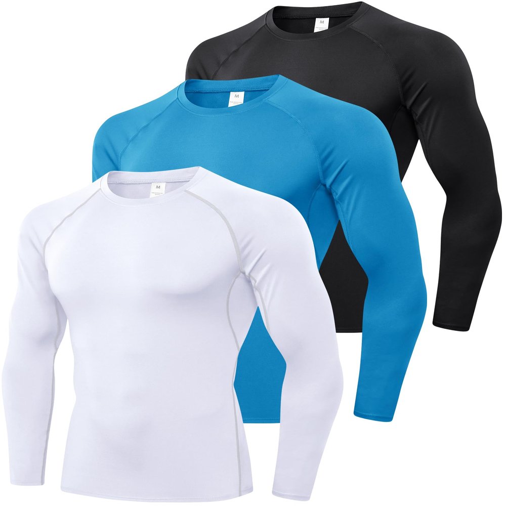 3 Pack Men's Athletic Long Sleeve Compression Shirts Cooling Workout Running T-Shirts Tops Sports Bselayer Undershirt