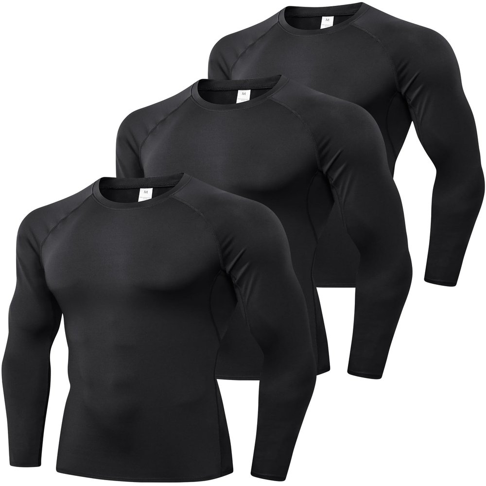 Black Compression Shirt Men Long Sleeve Rash Guard Athletic Undershirt Gear T Shirt for Running Football Basketball