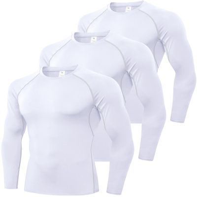 White Compression Long Sleeve Shirts for Men Workout Rash Guard Base Layer Undershirt Gear T Shirt Running Basketball