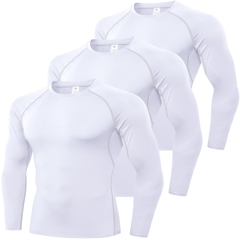 White Compression Long Sleeve Shirts for Men Workout Rash Guard Base Layer Undershirt Gear T Shirt Running Basketball