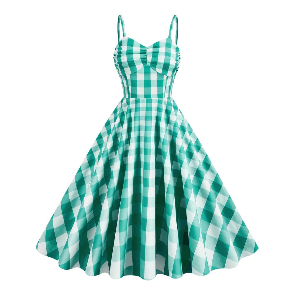 1950s Spaghetti Strap Dresses for Women Short 1950s Retro Vintage Cocktail Party Swing Dresses Summer Backless Plaid Gingham Checkered Dress Audrey Hepburn Retro Rockabilly Prom Dresses Green-Cami L