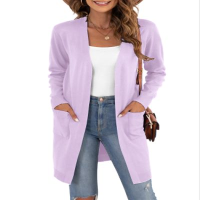 VIISHOW Women's Open Front Casual Knit Long Sleeve Sweater Classic Cover up Cardigan with Pockets, Light Purple, Large