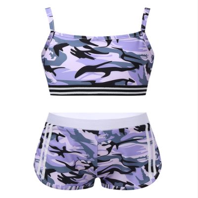 Agoky Kids Girls Tracksuit Active Sport Outfit Camisole Gymnastics Clothes Racerback Top and Shorts Set Swimsuit Bathing Suit Camo Purple 12 Years