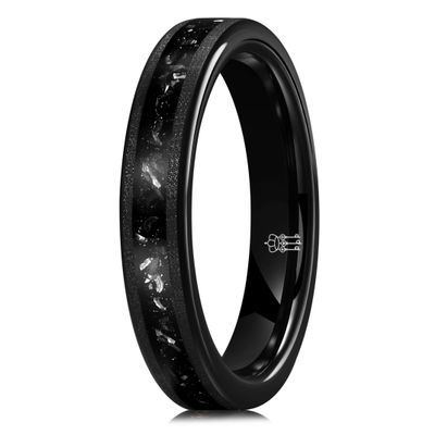 THREE KEYS JEWELRY 4mm Black Tungsten Ring Wedding Band Engagement Ring for Men Women Couple Comfort Fit Matte Finish Edge Center Inlay Silver Shreds 8.5