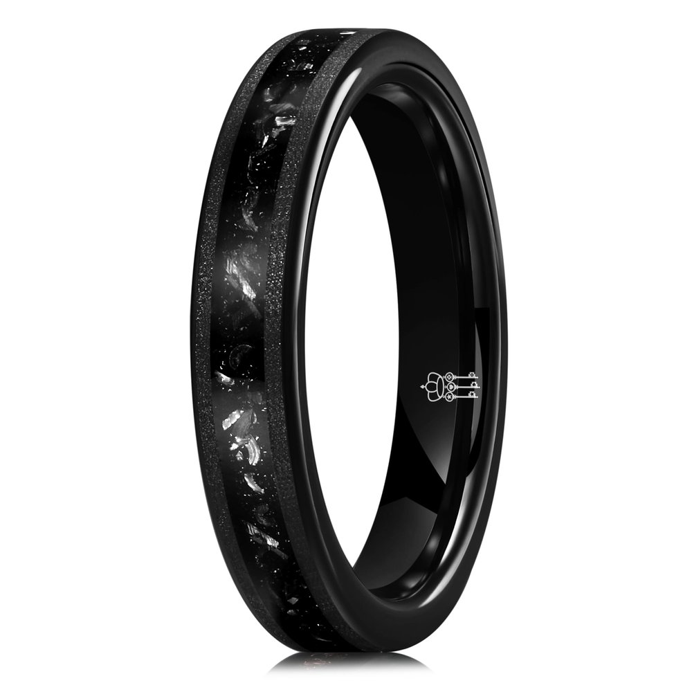 THREE KEYS JEWELRY 4mm Black Tungsten Ring Wedding Band Engagement Ring for Men Women Couple Comfort Fit Matte Finish Edge Center Inlay Silver Shreds 8.5