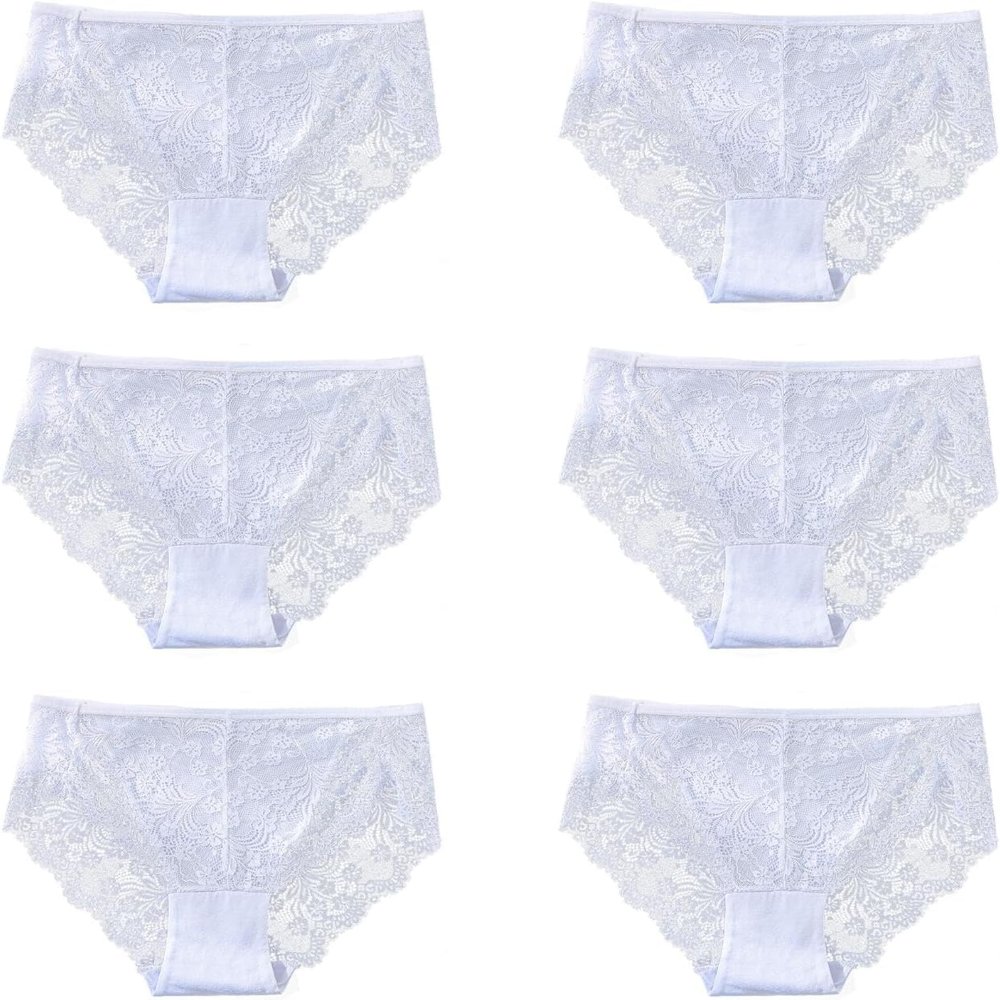 Cinvik Hi Cut Lace Briefs Pretty Brief Full Coverage Silky Panty White 6 Pack L