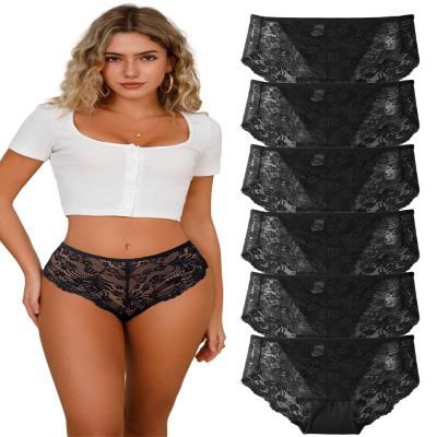Cinvik French Cut Lace Panties Sexy Plus Size High Waisted Underwear for Women Black 6 Pack 1X