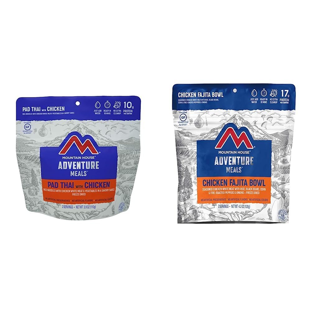 Mountain House Pad Thai with Chicken | Freeze Dried Backpacking & Camping Food |2 Servings | Gluten-Free and Mountain House Chicken Fajita Bowl | Freeze Dried Backpacking & Camping Food | 2 Servings | Gluten-Free