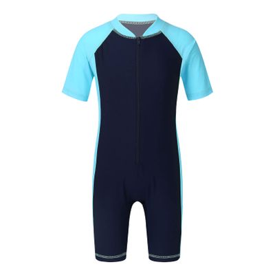 ranrann Kids Boys One Piece Rash Guard Sun Protection Swimsuit Short Sleeves Front Zippered Swimwear Bathing Suit Navy Blue&Sky Blue 12-14
