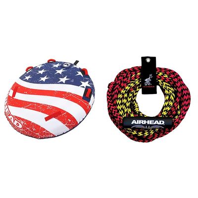 SportsStuff Airhead Stars and Stripes 1 Towable 1 Rider Tube + Airhead 2 Section Tow Rope for 1-2 Rider Towable Tubes, 60-Feet
