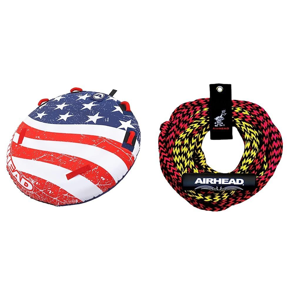 SportsStuff Airhead Stars and Stripes 1 Towable 1 Rider Tube + Airhead 2 Section Tow Rope for 1-2 Rider Towable Tubes, 60-Feet