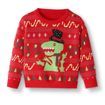 Kids Dinosaur Pattern Christmas Sweater Holiday Party Red Green Knitted Sweater (as1, Age, 5_Years, 6_Years, Pullover - Red)