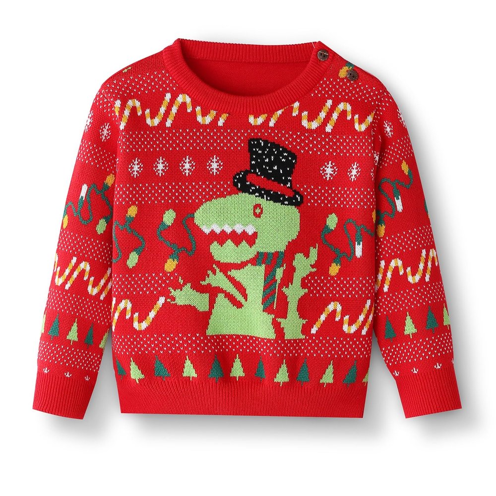 Kids Dinosaur Pattern Christmas Sweater Holiday Party Red Green Knitted Sweater (as1, Age, 5_Years, 6_Years, Pullover - Red)