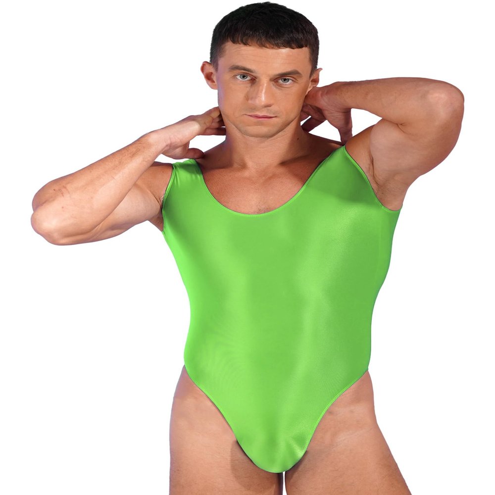 FEESHOW Men Glossy One Piece Bodysuit Swimsuit High Cut Leotard Jumpsuit Tight Underwear Fluorescent Green X-Large