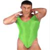 FEESHOW Men Glossy One Piece Bodysuit Swimsuit High Cut Leotard Jumpsuit Tight Underwear Fluorescent Green X-Large view 1