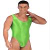 FEESHOW Men Glossy One Piece Bodysuit Swimsuit High Cut Leotard Jumpsuit Tight Underwear Fluorescent Green X-Large view 2