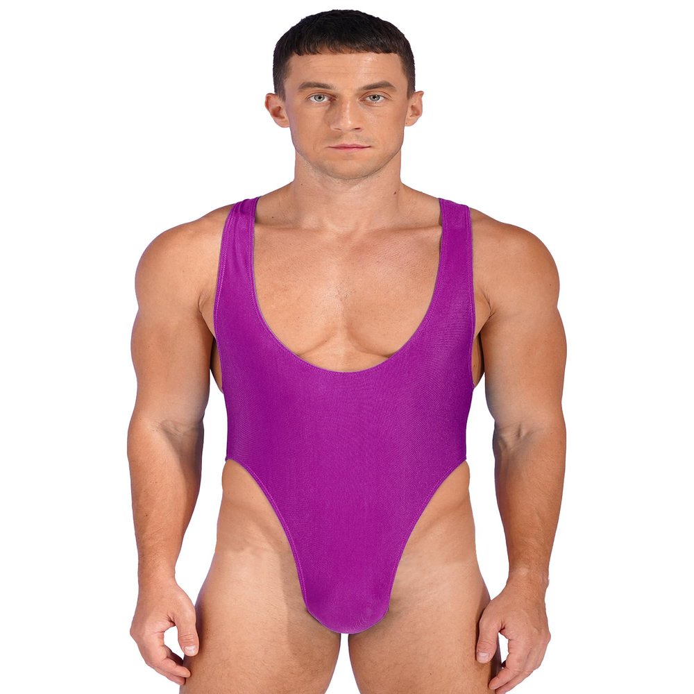 dPois Men's Deep U Neck High Cut Thong Leotard Bodysuit Wrestling Singlet Activewear Undershirt Rose Large