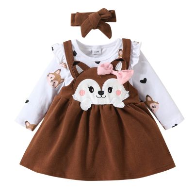 Infant Toddler Girls Long Sleeve Cartoon Print Romper Bodysuits Suspenders Skirts Bow Tie Baby Girl 1st Birthday Outfit (Brown, 0-3 Months)