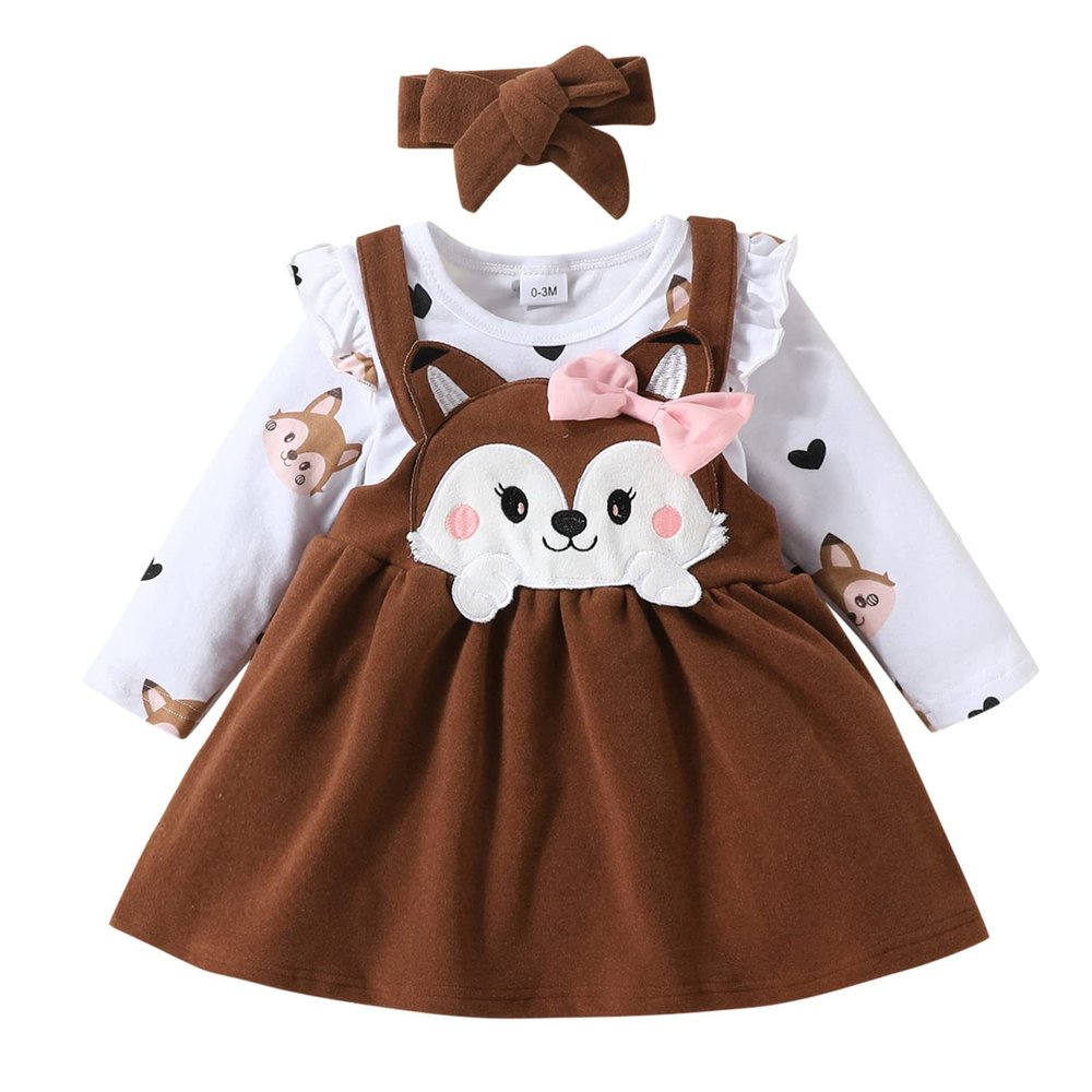 Infant Toddler Girls Long Sleeve Cartoon Print Romper Bodysuits Suspenders Skirts Bow Tie Baby Girl 1st Birthday Outfit (Brown, 0-3 Months)