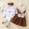 Infant Toddler Girls Long Sleeve Cartoon Print Romper Bodysuits Suspenders Skirts Bow Tie Baby Girl 1st Birthday Outfit (Brown, 0-3 Months) view 3
