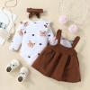 Infant Toddler Girls Long Sleeve Cartoon Print Romper Bodysuits Suspenders Skirts Bow Tie Baby Girl 1st Birthday Outfit (Brown, 0-3 Months) view 4